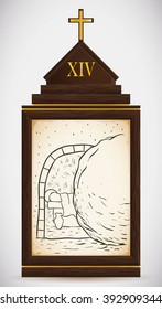 Via Crucis, station fourteen: the dead body of Jesus is sealed in a tomb.