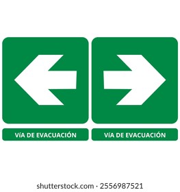 Via de evacuación green directional signs on a white background (trad. evacuation route)