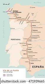 Via de la Plata map. The Silver route. Camino De Santiago or The Way of St.James in Spain. Ancient pilgrimage path from south of Spain to the Santiago de Compostella.