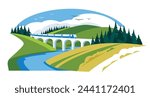 viaduct among green hills. Rail transportation and travel. Summer or spring landscape of the river bank. Vacation and leave. Vector flat illustration