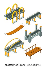 Viaduct bridge isometric. Wood support crossing river or highway logging industry vector urban landscape. 3d bridge and viaduct isometric, 3d building construction for road illustration