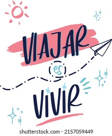 "Viajar es Vivir" which means , "to travel is to live" lettering in Spanish, calligraphy, travel lifestyle inspiration quotes, hand drawn lettering posters. Motivational typography for prints.