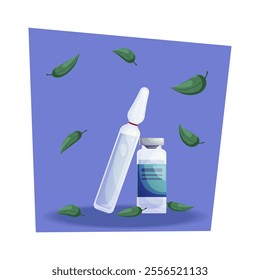 A vial and ampoule with medicines and falling leaves on a blue background. Vector cartoon illustration of medicine and medical preparations