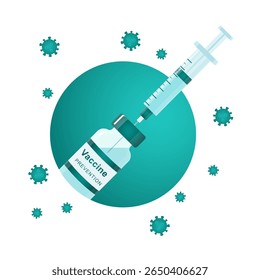 Frasco para injetáveis ou frasco com medicamento líquido, ampola de vacina e enchimento da seringa isolados sobre fundo branco. Os vírus estão voando por aí. Clipart de vetor de cor verde, conceito de vacinação e prevenção.