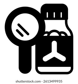 Vial bottle with magnifier solid icon, clinical research concept. Vector graphics. Laboratory experiment test jar sign on white background, glyph style mobile or design