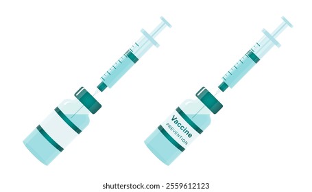 Vial or bottle with medicine, vaccine ampoule, liquid drug and syringe filling isolated on white background. Green color, empty label mockup. Vector clipart for vaccination and treatment illustration.