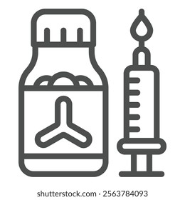 Vial bottle with syringe line icon, clinical research concept. Vector graphics. Experimental medicine test jar sign on white background, outline style icon for mobile or web design