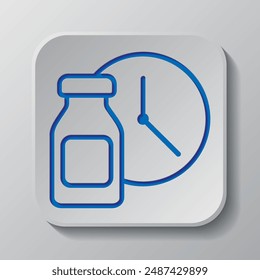 Vial bottle, vaccination time simple icon vector. Flat design. Paper cut design. Cutted blue symbol with shadow. Gray badge button, gray background.ai