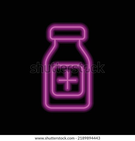 Vial bottle, vaccine simple icon vector. Flat design. Purple neon on black background.ai