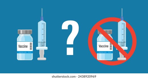 Durchstechflasche mit Corona-Impfstoff und Spritze. Impfstoff im roten Kreis - Stopp-Zeichen. Wahl, ob man sich impfen lassen will oder nicht. Anti-Vax-Bewegung. Zweifel an der Impfpflicht. Flache Vektordarstellung