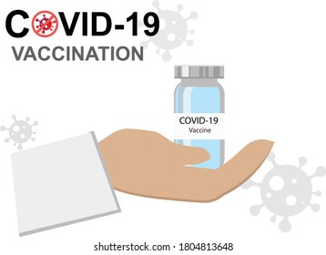 Vial with COVID-19 vaccine in hand, abstract symbols of the virus in the background and the inscription - vaccination. Vector drawing for the promotion of disease prevention.