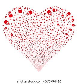 Vial fireworks with heart shape. Vector illustration style is flat red iconic symbols on a white background. Object heart made from random pictograms.