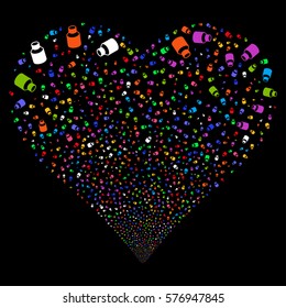 Vial fireworks with heart shape. Vector illustration style is flat bright multicolored iconic symbols on a black background. Object heart organized from random design elements.