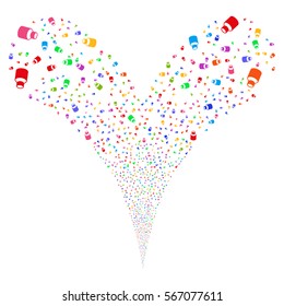 Vial fireworks stream. Vector illustration style is flat bright multicolored iconic symbols on a white background. Object double fountain combined from random pictograms.