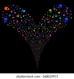 Vial fireworks stream. Vector illustration style is flat bright multicolored iconic symbols on a black background. Object double fountain created from random icons.
