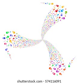 Vial fireworks swirl rotation. Vector illustration style is flat bright multicolored iconic symbols on a white background. Object whirlpool created from random symbols.