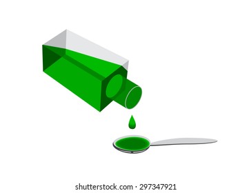 A vial of green liquid and a spoon with a drop