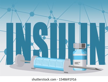Vial with insulin hormone and single use insulin syringe. Set for diabetic. Blue connected lines with dots background.