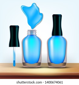 Vial Of Light Blue Nail Polish Cosmetic Vector. Elegant Closed And Opened Glassy Bottle Of Lacquer, Tassel And Splash Blot Liquid For Beauty Nail. Paint Accessory For Manicure 3d Illustration
