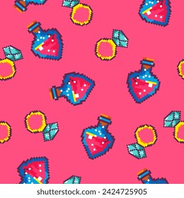 Vial with magic potion and golden ring with diamond. Pixelated arcade or tournament play elements. Pixel art, 8 bit graphics. Wallpaper or background print, seamless pattern. Vector in flat style