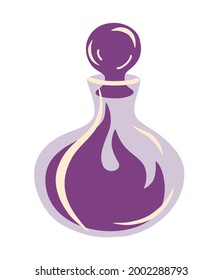 Vial of magical potion. Corked bottle of mysterious purple liquid. Flask with magic potion for print, web, mobile and infographics. Valentine's day or Halloween concept. Vector cartoon illustration.