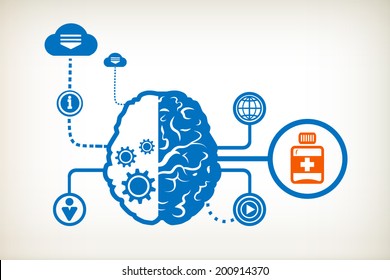 Vial of medicine and abstract human brain, the concept of the information movement