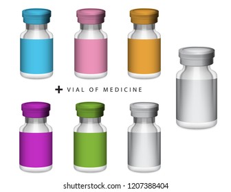 Vial of medicine, glass bottle and aluminium filp off cap in different colors vector isolated on white background