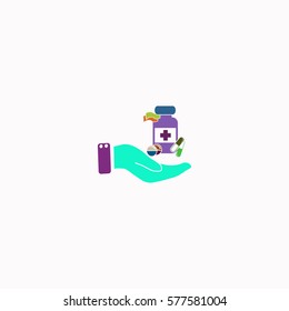Vial of medicine in hand  icon Vector design. Colored illustration.