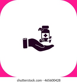 Vial of medicine in hand vector icon on white background.