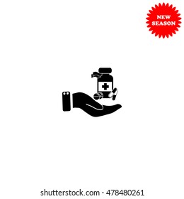 Vial of medicine in hand vector icon isolated on white background.