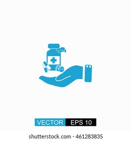 Vial of medicine in hand vector. Isolated blue icon on white background.