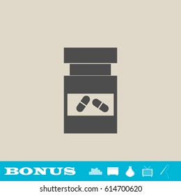 Vial of medicine icon flat. Grey pictogram on light background. Vector illustration symbol and bonus button real estate, ottoman, vase, tv, fishing rod