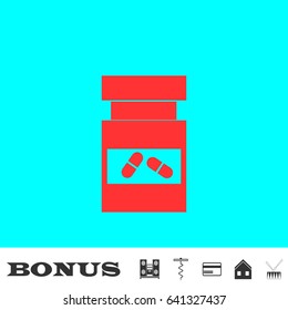 Vial of medicine icon flat. Red pictogram on blue background. Vector illustration symbol and bonus buttons Music center, corkscrew, credit card, house, drum
