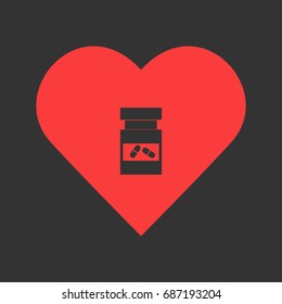 Vial of medicine icon flat. Simple pictogram on heart background. Vector illustration symbol