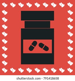 Vial of medicine icon flat. Simple black pictogram on red background with white hearts for valentines day. Vector illustration symbol