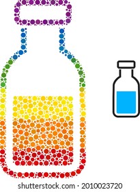 Vial mosaic icon of circle spots in various sizes and rainbow colored color tinges. A dotted LGBT-colored vial for lesbians, gays, bisexuals, and transgenders. Vector icon in LGBT flag colors.