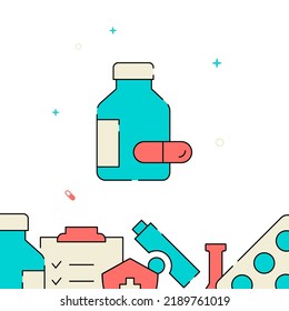 Vial with pills filled line vector icon, simple illustration, related bottom border.