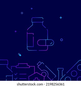 Vial with pills gradient line vector icon, simple illustration on a dark blue background, medicine related bottom border.