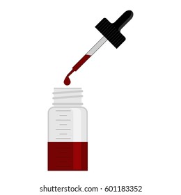 Vial with a plastic pipette, open lid and falling drop red color. Glass bottle with a pipette, vector drawing.  Isolated on white background.