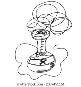 A vial of poison drawn by one line on a white background. A vessel with a mysterious potion in a linear style. Stock illustration with steaming potion. The atmosphere of magic, mysticism, Halloween.