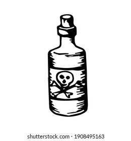 Vial of poison with potion witchcraft elixir. Corked glass bottle skull and bones label death symbol. Hand drawn halloween sketch black outline engraving tattoo. Stock vector illustration isolated.