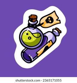 Vial of poison, venom sticker. Bottle of dangerous beverage, drug with skull, skeleton on label, tag. Decoration for Halloween or pirate party. Childish flat isolated vector illustration on white