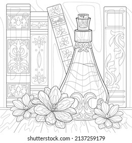 Vial of potion, three flowers, magic books with simple floral patterns on a covers, wooden table. Mystery illustration on a white isolated background. Suit for coloring book.