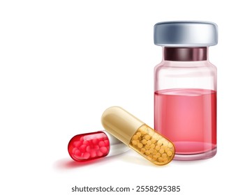 A vial with red liquid and two capsules, one red and one yellow, filled with drug granules, with shadows on a white background.