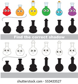 Vial set to find the correct shadow, the matching educational kid game to compare and connect objects and their true shadows, simple game level for preschool kids education.