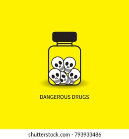 Vial of skulls. Bottle of poison, dangerous drug. Icon addiction to medicines. Vector illustration