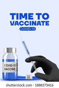 Vial syringe. Doctor hand in medical glove hold, test tube or bottle for protection flu virus. Covid vaccine isolated on blue. Medicine concept vaccination hypodermic injection treatment.