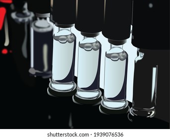 Vial Of Vaccine In The Lab For Corona Virus. Medicine Laboratory Instruments With Black Background