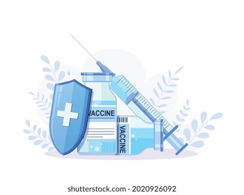 Vial with vaccine and syringe against virus. Vaccination coronavirus covid-19. Antiviral protective concept, immunity shield.