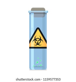 Vial with virus. Biohazard sticker on glass vial with contagious disease. Stock vector illustration. 